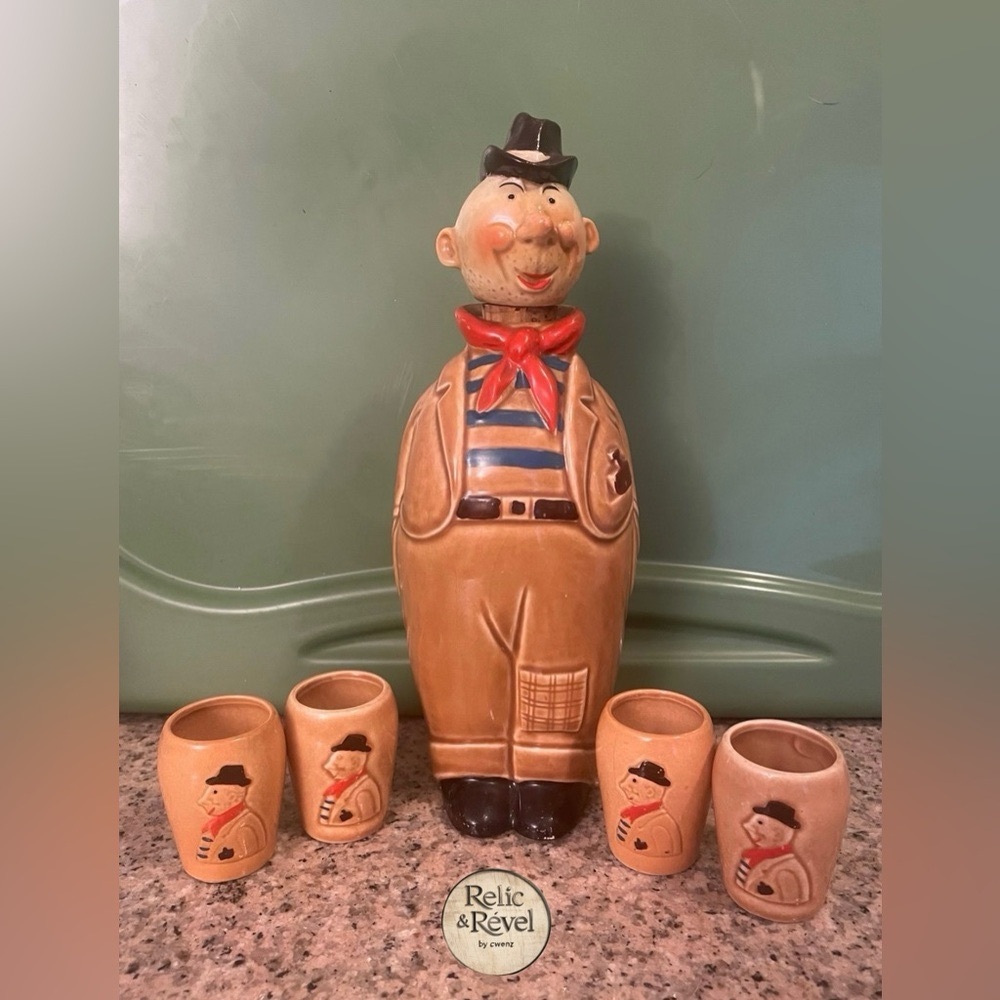 Vintage German Ceramic Man Decanter with 4 Cups - Collectible Set